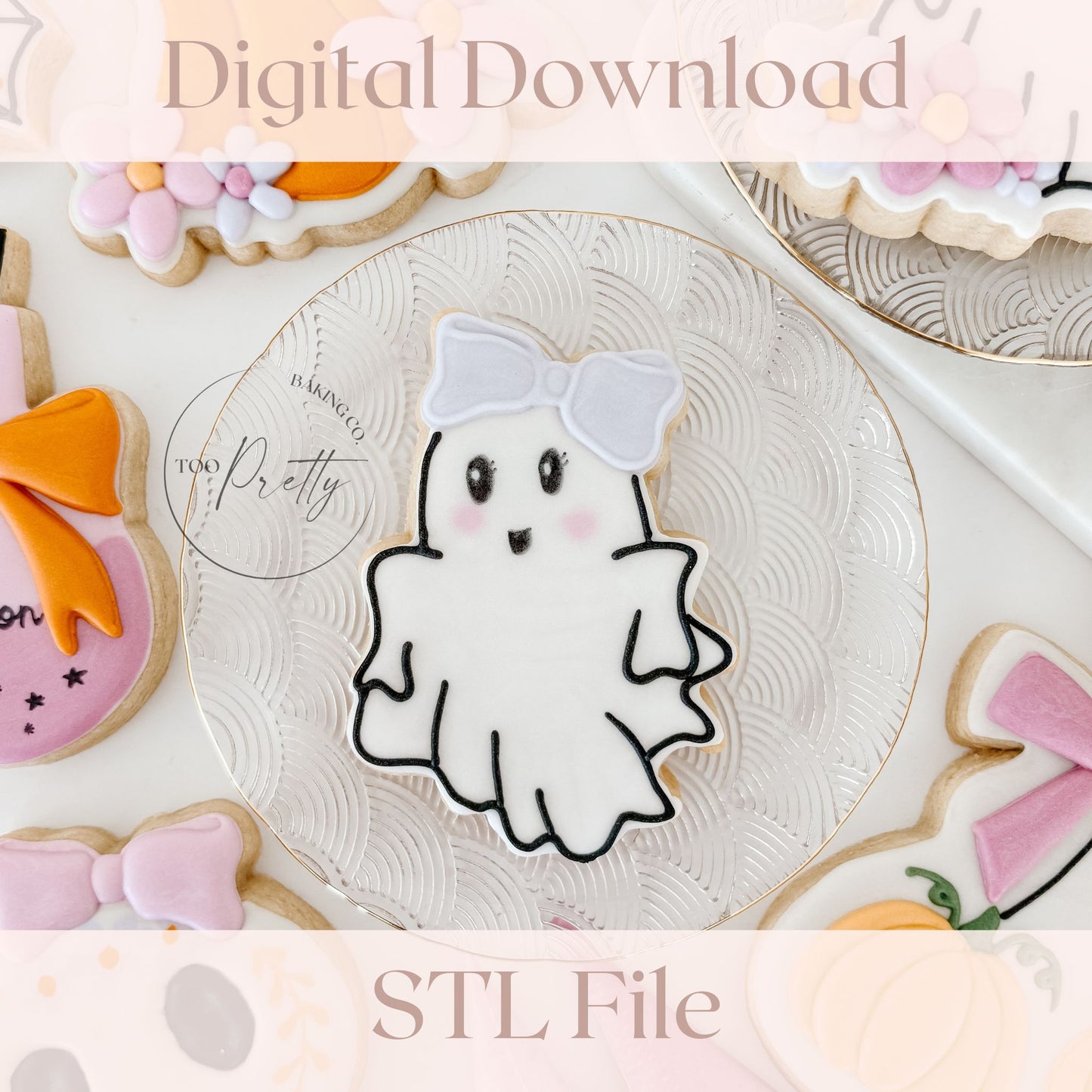 Decorative ghost cookie with a bow on a plate, surrounded by other cookies, with text 'Digital Download' and 'STL File'.