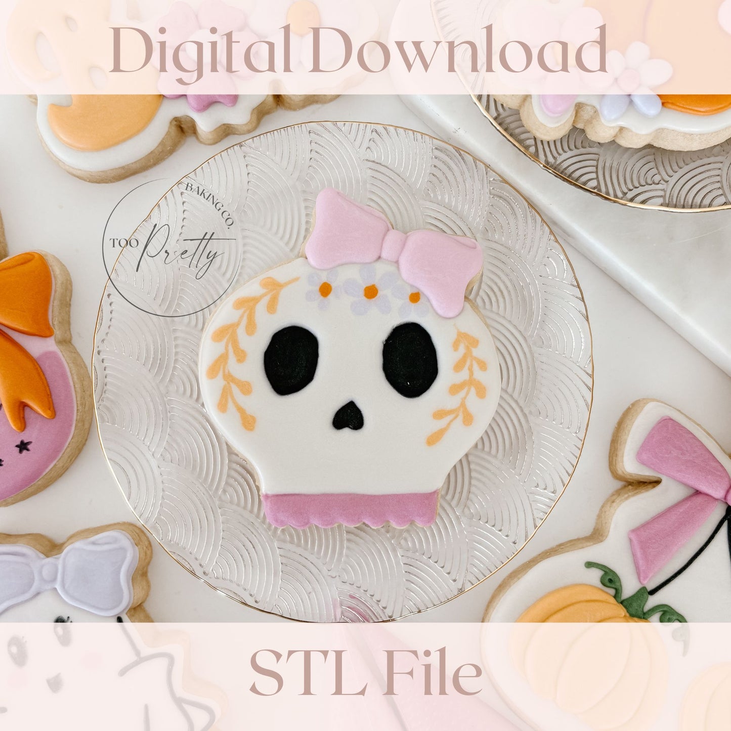 decorative sugar cookie with sugar skull with a bow and floral details.