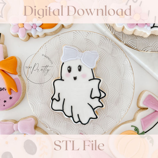Decorative ghost cookie with a bow on a plate, surrounded by other cookies, with text 'Digital Download' and 'STL File'.