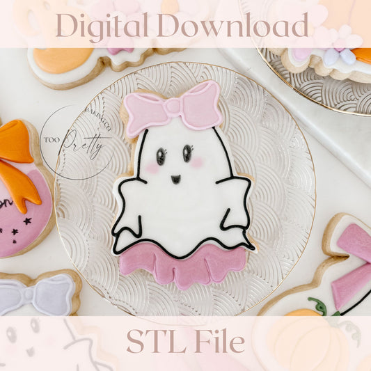 Decorative cookie with girlie ghost design on a plate, labeled 'Digital Download STL File'.